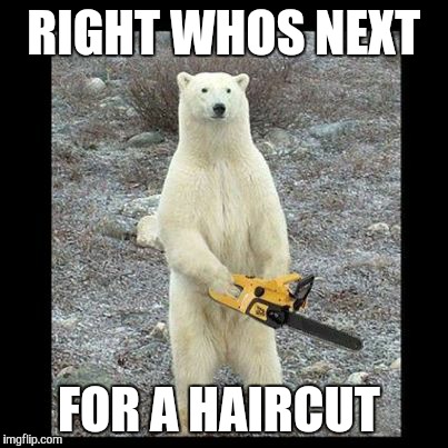 Chainsaw Bear | RIGHT WHOS NEXT; FOR A HAIRCUT | image tagged in memes,chainsaw bear | made w/ Imgflip meme maker