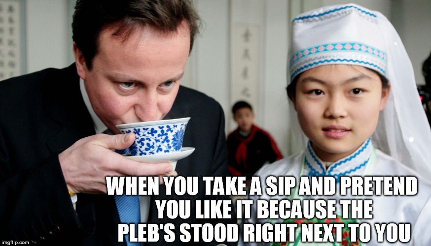 right next to you | WHEN YOU TAKE A SIP AND PRETEND YOU LIKE IT BECAUSE THE PLEB'S STOOD RIGHT NEXT TO YOU | image tagged in david cameron,eu,tory conservative,pleb,sip,funny | made w/ Imgflip meme maker