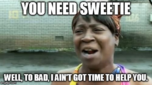 Ain't Nobody Got Time For That Meme | YOU NEED SWEETIE; WELL, TO BAD, I AIN'T GOT TIME TO HELP YOU. | image tagged in memes,aint nobody got time for that | made w/ Imgflip meme maker