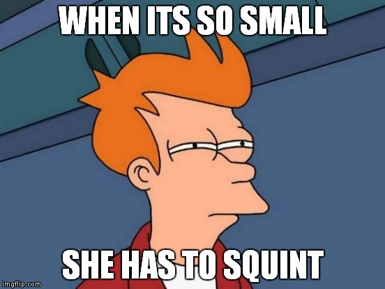 Futurama Fry | WHEN ITS SO SMALL; SHE HAS TO SQUINT | image tagged in memes,futurama fry | made w/ Imgflip meme maker