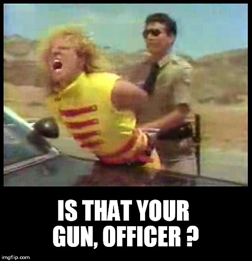 arrested | IS THAT YOUR GUN, OFFICER ? | image tagged in sammy hagar,police,cop,gun,boner | made w/ Imgflip meme maker