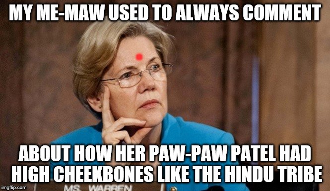 Well I'm sure I'm some kind of Indian.  | MY ME-MAW USED TO ALWAYS COMMENT; . ABOUT HOW HER PAW-PAW PATEL HAD HIGH CHEEKBONES LIKE THE HINDU TRIBE | image tagged in memes,elizabeth warren,indian | made w/ Imgflip meme maker