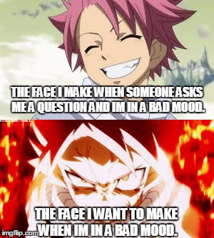 I had to use Natsu this time. Yea, im a Fairy Tail nerd.... | THE FACE I MAKE WHEN SOMEONE ASKS ME A QUESTION AND IM IN A BAD MOOD. THE FACE I WANT TO MAKE WHEN IM IN A BAD MOOD. | image tagged in fairy tail,temper,bad moods | made w/ Imgflip meme maker