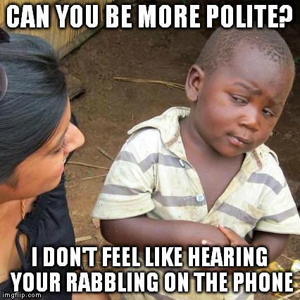 Dear customers... | CAN YOU BE MORE POLITE? I DON'T FEEL LIKE HEARING YOUR RABBLING ON THE PHONE | image tagged in memes,third world skeptical kid | made w/ Imgflip meme maker