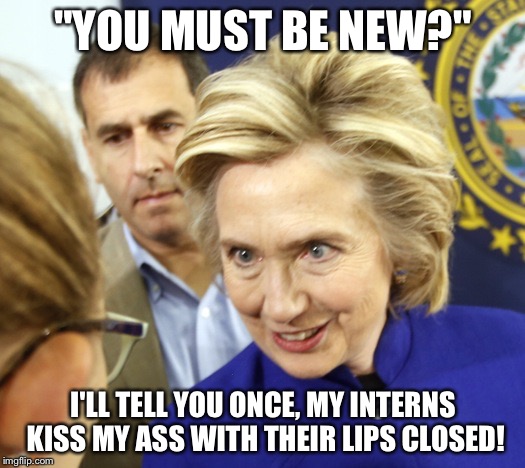 Synchophanatic's dress down day! | "YOU MUST BE NEW?"; I'LL TELL YOU ONCE, MY INTERNS KISS MY ASS WITH THEIR LIPS CLOSED! | image tagged in alien hillary | made w/ Imgflip meme maker