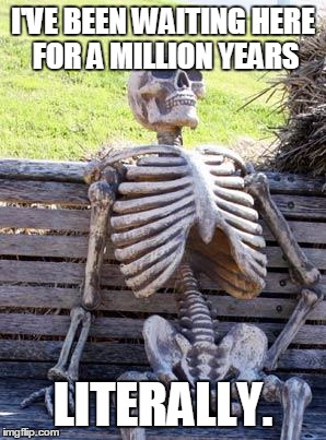 Waiting Skeleton | I'VE BEEN WAITING HERE FOR A MILLION YEARS; LITERALLY. | image tagged in memes,waiting skeleton | made w/ Imgflip meme maker