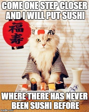 COME ONE STEP CLOSER AND I WILL PUT SUSHI; WHERE THERE HAS NEVER BEEN SUSHI BEFORE | image tagged in sushi,cat | made w/ Imgflip meme maker