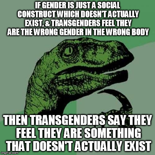 You can't claim what you feel you are doesn't exist in one breath and then demand people pretend it does in the next | IF GENDER IS JUST A SOCIAL CONSTRUCT WHICH DOESN'T ACTUALLY EXIST, & TRANSGENDERS FEEL THEY ARE THE WRONG GENDER IN THE WRONG BODY; THEN TRANSGENDERS SAY THEY FEEL THEY ARE SOMETHING THAT DOESN'T ACTUALLY EXIST | image tagged in memes,philosoraptor,transgender,liberals,liberal logic | made w/ Imgflip meme maker