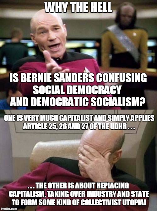 Social democracy is not democratic socialism! | WHY THE HELL; IS BERNIE SANDERS CONFUSING; SOCIAL DEMOCRACY; AND DEMOCRATIC SOCIALISM? ONE IS VERY MUCH CAPITALIST AND SIMPLY APPLIES ARTICLE 25, 26 AND 27 OF THE UDHR . . . . . . THE OTHER IS ABOUT REPLACING CAPITALISM, TAKING OVER INDUSTRY AND STATE TO FORM SOME KIND OF COLLECTIVIST UTOPIA! | image tagged in picard,bernie sanders,democratic socialism,memes,captain picard facepalm | made w/ Imgflip meme maker