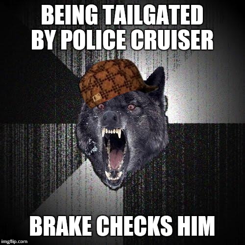 Insanity Wolf | BEING TAILGATED BY POLICE CRUISER; BRAKE CHECKS HIM | image tagged in memes,insanity wolf,scumbag,AdviceAnimals | made w/ Imgflip meme maker
