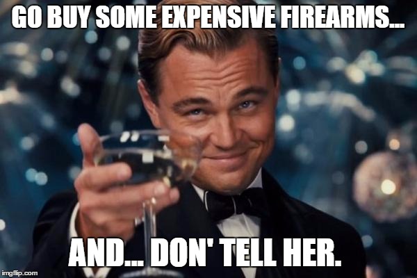 Leonardo Dicaprio Cheers Meme | GO BUY SOME EXPENSIVE FIREARMS... AND... DON' TELL HER. | image tagged in memes,leonardo dicaprio cheers | made w/ Imgflip meme maker