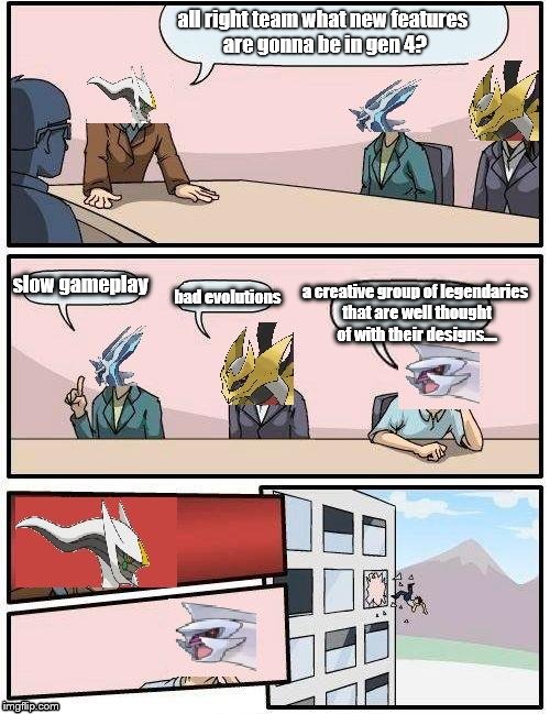 gen 4 meeting | all right team what new features are gonna be in gen 4? slow gameplay; a creative group of legendaries that are well thought of with their designs.... bad evolutions | image tagged in pokemon meeting suggestion | made w/ Imgflip meme maker