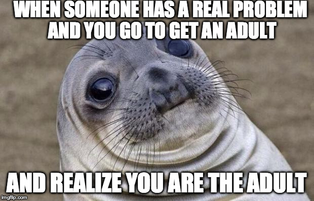 Awkward Moment Sealion Meme | WHEN SOMEONE HAS A REAL PROBLEM AND YOU GO TO GET AN ADULT; AND REALIZE YOU ARE THE ADULT | image tagged in memes,awkward moment sealion | made w/ Imgflip meme maker