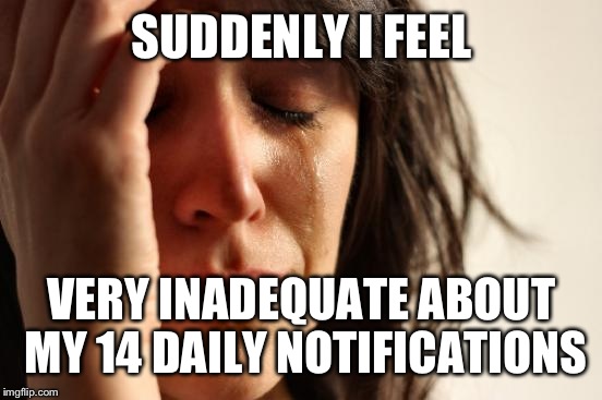 First World Problems Meme | SUDDENLY I FEEL VERY INADEQUATE ABOUT MY 14 DAILY NOTIFICATIONS | image tagged in memes,first world problems | made w/ Imgflip meme maker