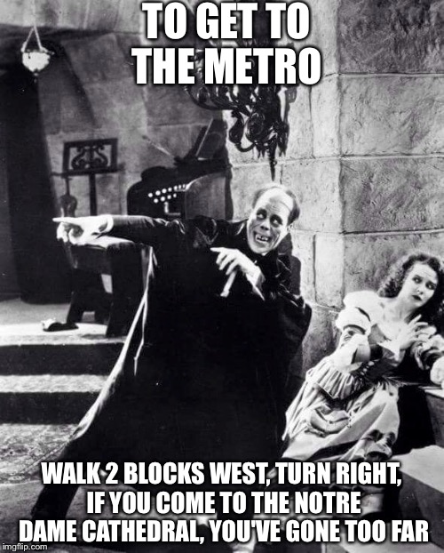 Phantom of the Opera pointing | TO GET TO THE METRO; WALK 2 BLOCKS WEST, TURN RIGHT, IF YOU COME TO THE NOTRE DAME CATHEDRAL, YOU'VE GONE TOO FAR | image tagged in phantom of the opera pointing | made w/ Imgflip meme maker