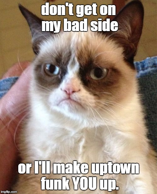 we actually did do a Bruno Mars halftime show last September, used parts of it a few times during the playoffs.  | don't get on my bad side; or I'll make uptown funk YOU up. | image tagged in memes,grumpy cat,uptown funk | made w/ Imgflip meme maker