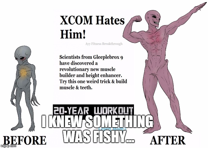 Xcom Sectoid Before & After | I KNEW SOMETHING WAS FISHY... | image tagged in xcom sectoid before  after | made w/ Imgflip meme maker