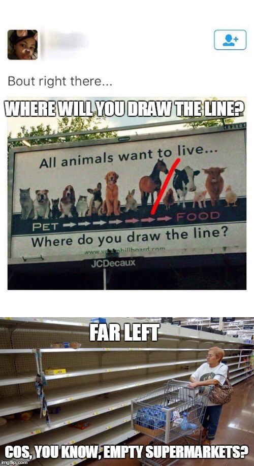 Where will you draw the line? | WHERE WILL YOU DRAW THE LINE? FAR LEFT; COS, YOU KNOW, EMPTY SUPERMARKETS? | image tagged in left wing,socialism,joke,memes,meat | made w/ Imgflip meme maker