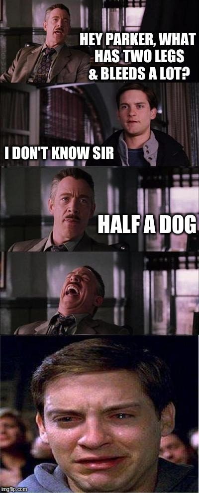 Peter Parker Cry Meme | HEY PARKER, WHAT HAS TWO LEGS & BLEEDS A LOT? I DON'T KNOW SIR; HALF A DOG | image tagged in memes,peter parker cry | made w/ Imgflip meme maker