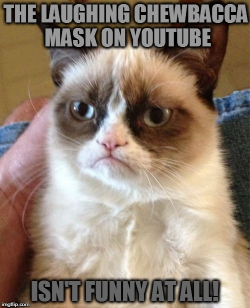 Grumpy Cat | THE LAUGHING CHEWBACCA MASK ON YOUTUBE; ISN'T FUNNY AT ALL! | image tagged in memes,grumpy cat | made w/ Imgflip meme maker