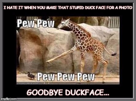 duckface | I HATE IT WHEN YOU MAKE THAT STUPID DUCK FACE FOR A PHOTO; GOODBYE DUCKFACE... | image tagged in duck,giraffe | made w/ Imgflip meme maker