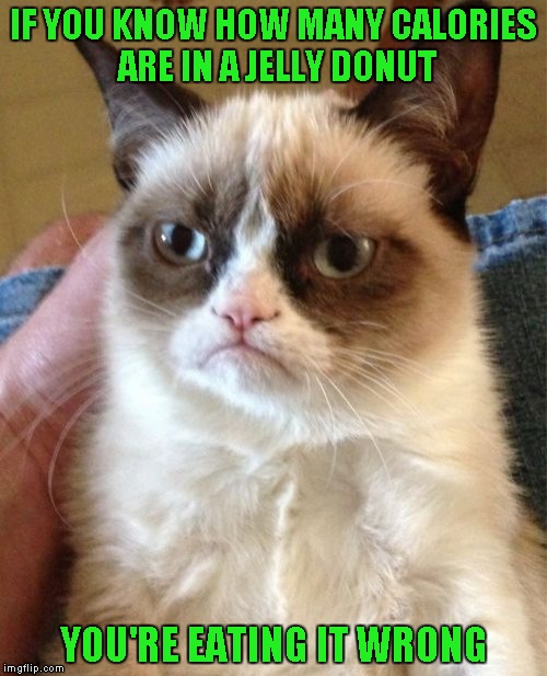 Grumpy Cat Meme | IF YOU KNOW HOW MANY CALORIES ARE IN A JELLY DONUT; YOU'RE EATING IT WRONG | image tagged in memes,grumpy cat | made w/ Imgflip meme maker