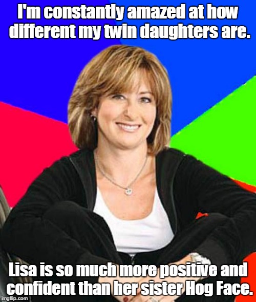 Sheltering Suburban Mom Meme | I'm constantly amazed at how different my twin daughters are. Lisa is so much more positive and confident than her sister Hog Face. | image tagged in memes,sheltering suburban mom | made w/ Imgflip meme maker