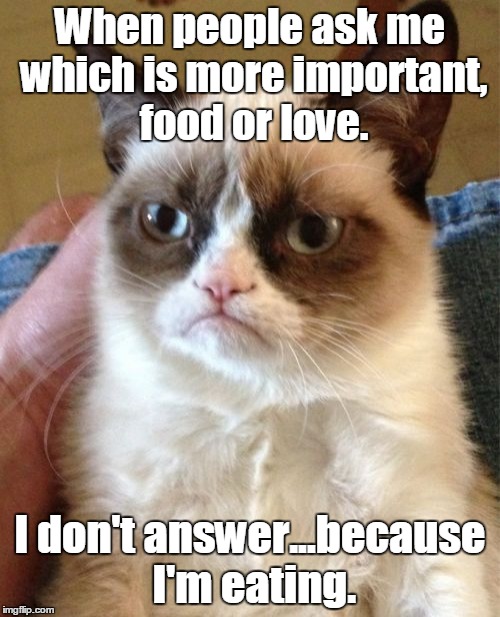 Grumpy Cat | When people ask me which is more important, food or love. I don't answer...because I'm eating. | image tagged in memes,grumpy cat | made w/ Imgflip meme maker