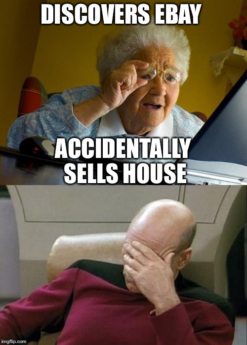 Don't let grandma see EBay | DISCOVERS EBAY; ACCIDENTALLY SELLS HOUSE | image tagged in ebay,grandma finds the internet | made w/ Imgflip meme maker