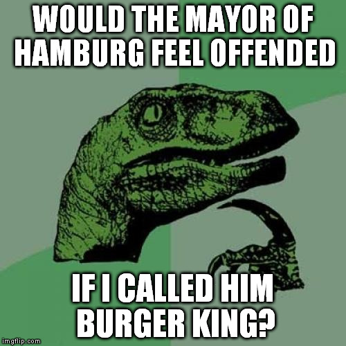 Philosoraptor | WOULD THE MAYOR OF HAMBURG FEEL OFFENDED; IF I CALLED HIM BURGER KING? | image tagged in memes,philosoraptor | made w/ Imgflip meme maker