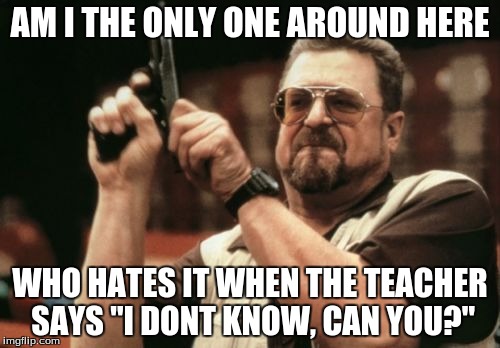 Am I The Only One Around Here | AM I THE ONLY ONE AROUND HERE; WHO HATES IT WHEN THE TEACHER SAYS "I DONT KNOW, CAN YOU?" | image tagged in memes,am i the only one around here,teacher,school | made w/ Imgflip meme maker