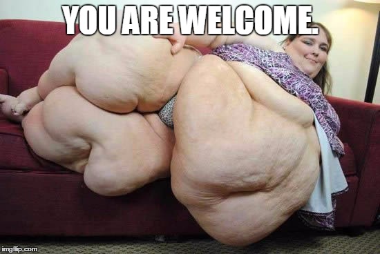 fat woman | YOU ARE WELCOME. | image tagged in fat woman | made w/ Imgflip meme maker