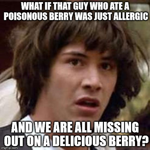 Conspiracy Keanu | WHAT IF THAT GUY WHO ATE A POISONOUS BERRY WAS JUST ALLERGIC; AND WE ARE ALL MISSING OUT ON A DELICIOUS BERRY? | image tagged in memes,conspiracy keanu | made w/ Imgflip meme maker