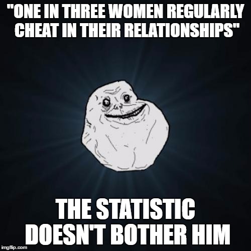 Forever Alone | "ONE IN THREE WOMEN REGULARLY CHEAT IN THEIR RELATIONSHIPS"; THE STATISTIC DOESN'T BOTHER HIM | image tagged in memes,forever alone,women,cheating,statistics | made w/ Imgflip meme maker