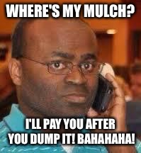 black guy on phone | WHERE'S MY MULCH? I'LL PAY YOU AFTER YOU DUMP IT!
BAHAHAHA! | image tagged in black guy on phone | made w/ Imgflip meme maker