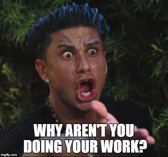 DJ Pauly D | WHY AREN'T YOU DOING YOUR WORK? | image tagged in memes,dj pauly d | made w/ Imgflip meme maker