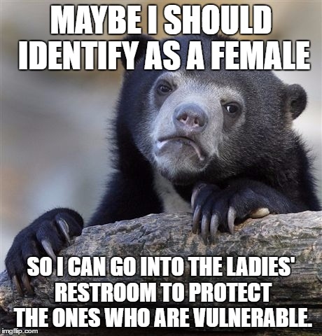 This is not a serious statement. If a guy did this, I'm not quite sure what I'd think of him. | MAYBE I SHOULD IDENTIFY AS A FEMALE; SO I CAN GO INTO THE LADIES' RESTROOM TO PROTECT THE ONES WHO ARE VULNERABLE. | image tagged in memes,confession bear | made w/ Imgflip meme maker