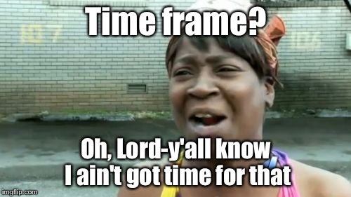 Ain't Nobody Got Time For That Meme | Time frame? Oh, Lord-y'all know I ain't got time for that | image tagged in memes,aint nobody got time for that | made w/ Imgflip meme maker