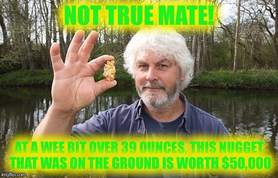 NOT TRUE MATE! AT A WEE BIT OVER 39 OUNCES, THIS NUGGET THAT WAS ON THE GROUND IS WORTH $50,000 | made w/ Imgflip meme maker