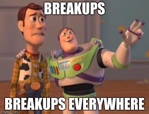 X, X Everywhere | BREAKUPS; BREAKUPS EVERYWHERE | image tagged in memes,x x everywhere | made w/ Imgflip meme maker