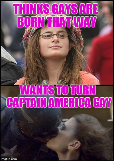 Proof liberals ruin everything  | THINKS GAYS ARE BORN THAT WAY; WANTS TO TURN CAPTAIN AMERICA GAY | image tagged in givecaptainamericaaboyfriend,liberal,homosexuality,college liberal,gay agenda | made w/ Imgflip meme maker