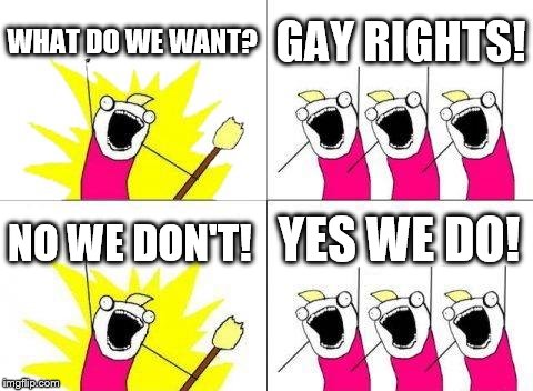What Do We Want | WHAT DO WE WANT? GAY RIGHTS! YES WE DO! NO WE DON'T! | image tagged in memes,what do we want | made w/ Imgflip meme maker