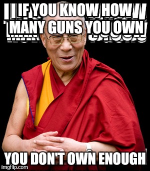  IF YOU KNOW HOW MANY GUNS YOU OWN; YOU DON'T OWN ENOUGH | image tagged in dalai-lama | made w/ Imgflip meme maker