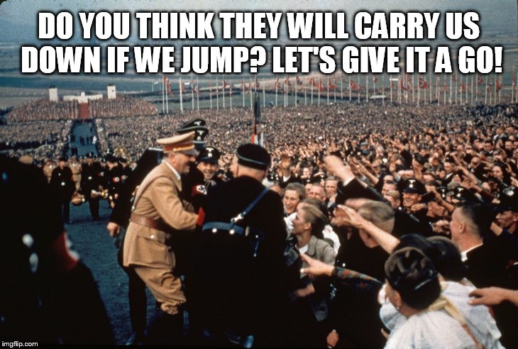 Hitler ready to play a game | DO YOU THINK THEY WILL CARRY US DOWN IF WE JUMP? LET'S GIVE IT A GO! | image tagged in hitler,memes,funny memes | made w/ Imgflip meme maker