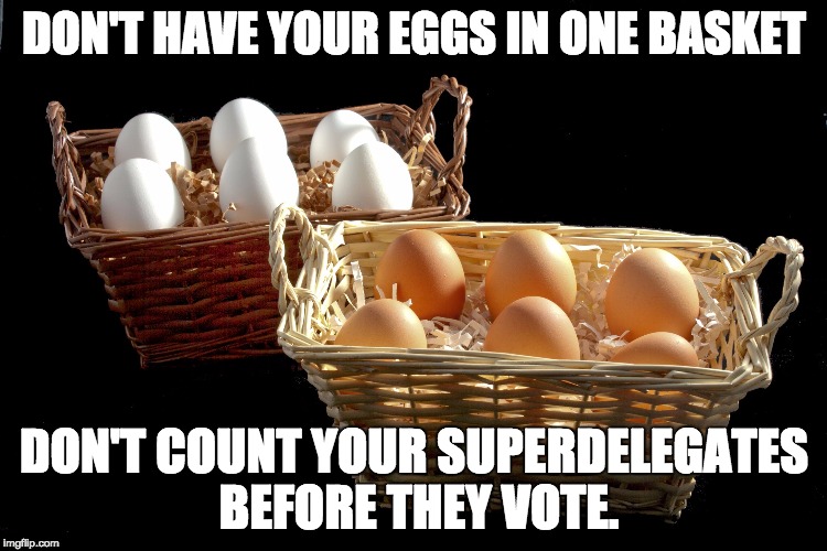 DON'T HAVE YOUR EGGS IN ONE BASKET; DON'T COUNT YOUR SUPERDELEGATES BEFORE THEY VOTE. | image tagged in eggs | made w/ Imgflip meme maker