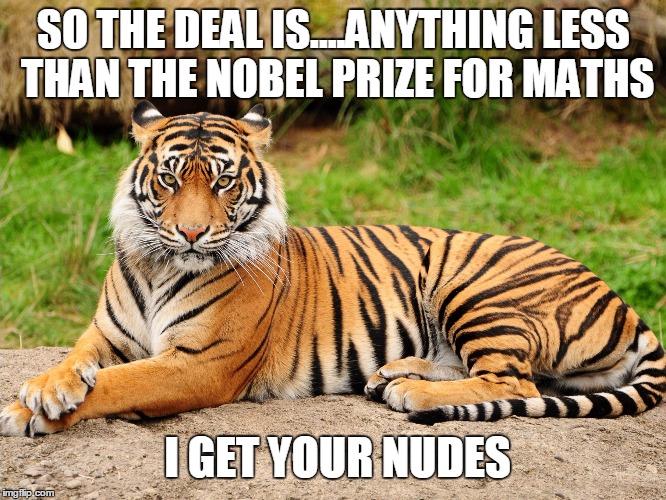 Tigerblood HIV | SO THE DEAL IS....ANYTHING LESS THAN THE NOBEL PRIZE FOR MATHS; I GET YOUR NUDES | image tagged in tigerblood hiv | made w/ Imgflip meme maker