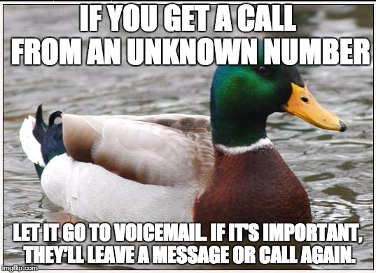 Actual Advice Mallard | IF YOU GET A CALL FROM AN UNKNOWN NUMBER; LET IT GO TO VOICEMAIL. IF IT'S IMPORTANT, THEY'LL LEAVE A MESSAGE OR CALL AGAIN. | image tagged in memes,actual advice mallard,AdviceAnimals | made w/ Imgflip meme maker