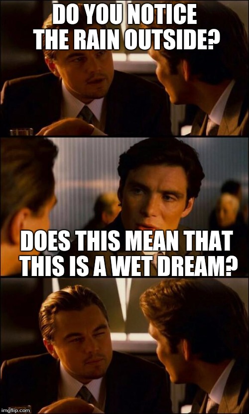 Di Caprio Inception | DO YOU NOTICE THE RAIN OUTSIDE? DOES THIS MEAN THAT THIS IS A WET DREAM? | image tagged in di caprio inception | made w/ Imgflip meme maker