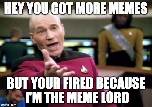 Picard Wtf | HEY YOU GOT MORE MEMES; BUT YOUR FIRED BECAUSE I'M THE MEME LORD | image tagged in memes,picard wtf | made w/ Imgflip meme maker