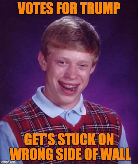 Trump over the wall | VOTES FOR TRUMP; GET'S STUCK ON WRONG SIDE OF WALL | image tagged in memes,bad luck brian,trump,wall,unfortunate,racist | made w/ Imgflip meme maker